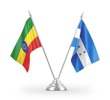 Beyaz arkaplanda izole edilmiş Honduras ve Etiyopya masa bayrakları 3d