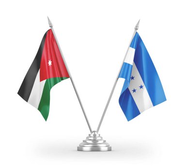 Beyaz arkaplandaki Honduras ve Jordan masa bayrakları 3 boyutlu görüntüleme