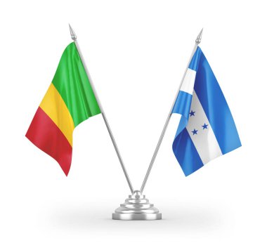 Beyaz arkaplanda izole edilmiş Honduras ve Mali masa bayrakları 3D görüntüleme