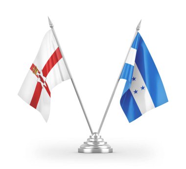 Honduras ve Kuzey İrlanda masa bayrakları beyaz arka planda izole edilmiş 3D görüntüleme