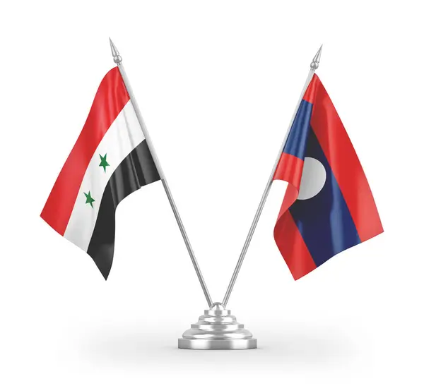 Banderas Mesa Laos Siria Aisladas Sobre Fondo Blanco — Foto de Stock