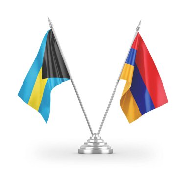 Beyaz zemin üzerinde izole edilmiş Ermenistan ve Bahamalar masa bayrakları 3D 