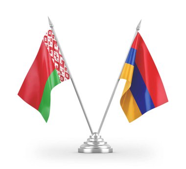 Beyaz zemin üzerinde izole edilmiş Ermenistan ve Belarus masa bayrakları 3D
