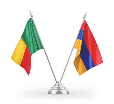 Beyaz arkaplandaki Ermenistan ve Benin masa bayrakları 3 boyutlu görüntüleme 