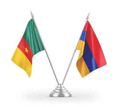 Beyaz zemin üzerinde izole edilmiş Ermenistan ve Kamerun masa bayrakları 3d 