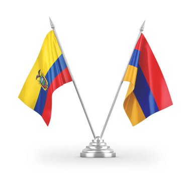 Beyaz zemin üzerinde izole edilmiş Ermenistan ve Ekvador masa bayrakları 3d