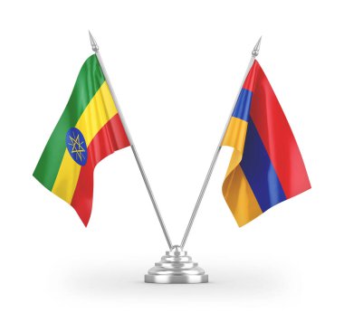 Beyaz zemin üzerinde izole edilmiş Ermenistan ve Etiyopya masa bayrakları 3d