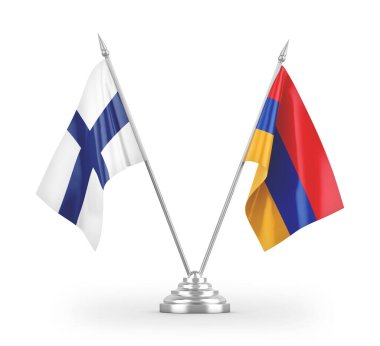 Ermenistan ve Finlandiya masa bayrakları beyaz arkaplandaki 3D görüntüleme üzerinde izole edilmiş