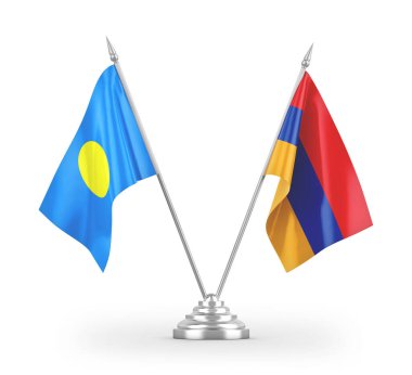 Beyaz arkaplan üzerinde izole edilmiş Ermenistan ve Palau masa bayrakları 3d