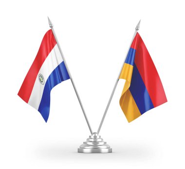 Beyaz zemin üzerinde izole edilmiş Ermenistan ve Paraguay masa bayrakları 3d