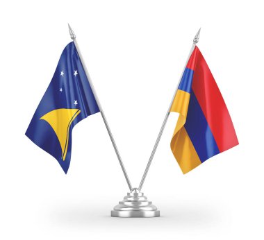 Beyaz arkaplanda izole edilmiş Ermenistan ve Tokelau masa bayrakları 3D görüntüleme