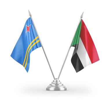 Sudan ve Aruba masa bayrakları beyaz arkaplandaki 3D görüntüleme