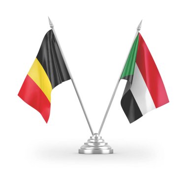 Sudan ve Belçika masa bayrakları beyaz arkaplan 3D görüntüleme
