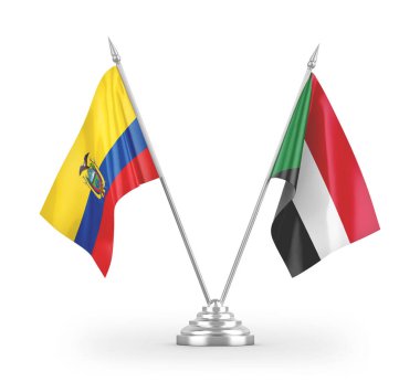 Sudan ve Ekvador masa bayrakları beyaz arkaplanda 3D görüntüleme