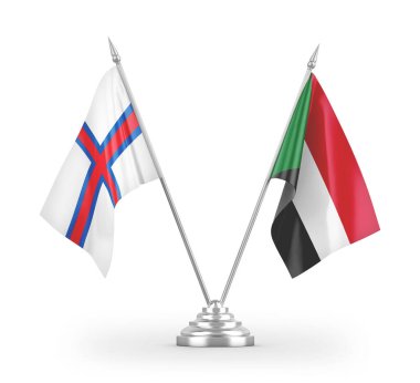 Sudan ve Faroe Adaları masa bayrakları beyaz zemin üzerinde izole edilmiş 3D görüntüleme