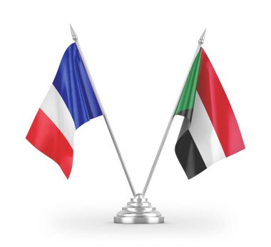 Sudan ve Fransa masa bayrakları beyaz arkaplanda izole edilmiş 3D görüntüleme