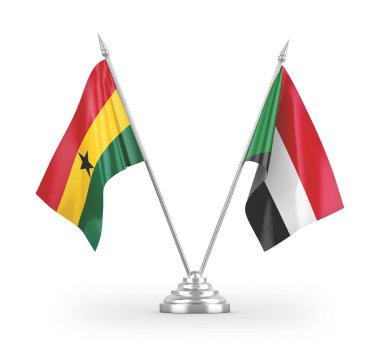 Sudan ve Gana masa bayrakları beyaz arkaplanda 3 boyutlu görüntüleme