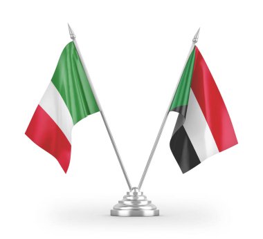 Sudan ve İtalya masa bayrakları beyaz arkaplanda 3 boyutlu görüntüleme