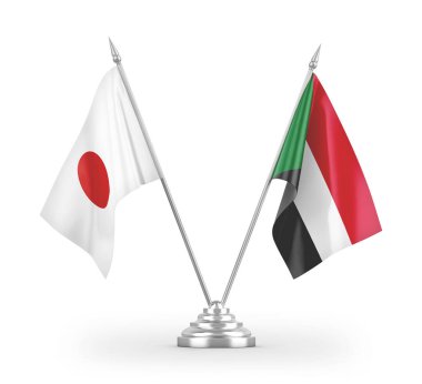 Sudan ve Japonya masa bayrakları beyaz arkaplanda 3 boyutlu görüntüleme