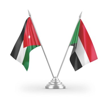 Sudan ve Ürdün masa bayrakları beyaz arkaplanda 3 boyutlu görüntüleme