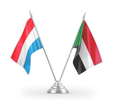 Sudan ve Lüksemburg masa bayrakları beyaz arkaplanda 3 boyutlu görüntüleme