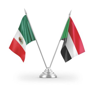 Sudan ve Meksika masa bayrakları beyaz arkaplanda 3 boyutlu görüntüleme