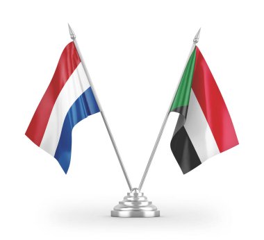 Sudan ve Hollanda masa bayrakları beyaz arkaplanda 3 boyutlu görüntüleme