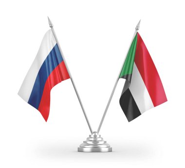 Sudan ve Rusya bayrakları beyaz arkaplanda 3 boyutlu görüntüleme