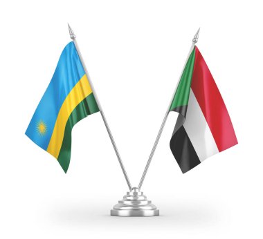 Sudan ve Ruanda masa bayrakları beyaz arkaplanda 3 boyutlu görüntüleme