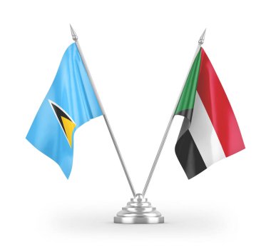 Sudan ve Saint Lucia masa bayrakları beyaz arka planda izole edilmiş 3D görüntüleme