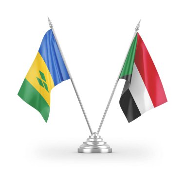 Sudan, Saint Vincent ve Grenadine masa bayrakları beyaz zemin üzerinde izole edilmiş 3D