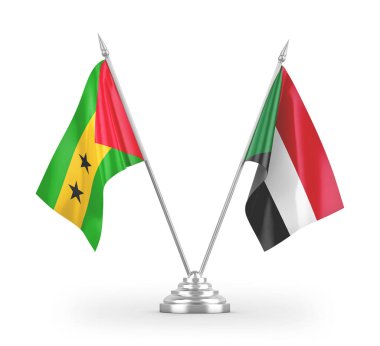 Sudan ve Sao Tome ve Principe masa bayrakları beyaz arkaplanda izole edilmiş 3D görüntüleme