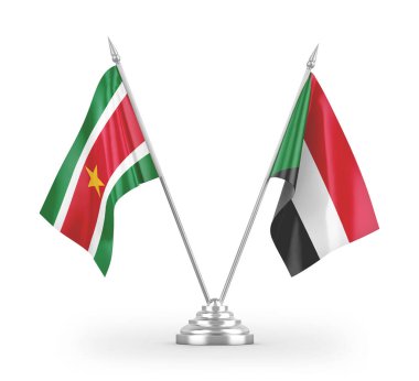 Sudan ve Surinam masa bayrakları beyaz arkaplandaki 3D görüntüleme