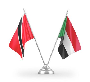 Sudan, Trinidad ve Tobago masa bayrakları beyaz arkaplanda izole edilmiş 3D görüntüleme