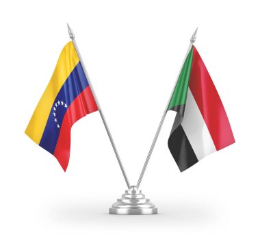 Sudan ve Venezuela masa bayrakları beyaz arkaplanda 3 boyutlu görüntüleme