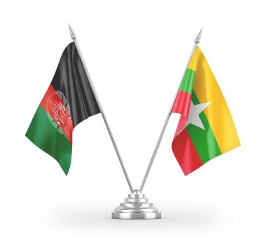 Myanmar ve Afganistan masa bayrakları beyaz arkaplanda 3 boyutlu görüntüleme