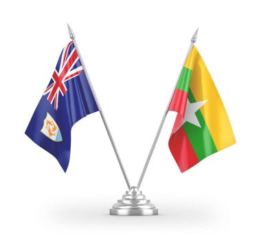 Myanmar ve Anguilla masa bayrakları beyaz arkaplanda 3 boyutlu görüntüleme