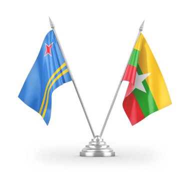 Myanmar ve Aruba masa bayrakları beyaz arkaplanda 3 boyutlu görüntüleme