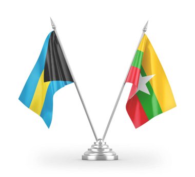 Myanmar ve Bahama masa bayrakları beyaz arkaplanda 3 boyutlu görüntüleme 