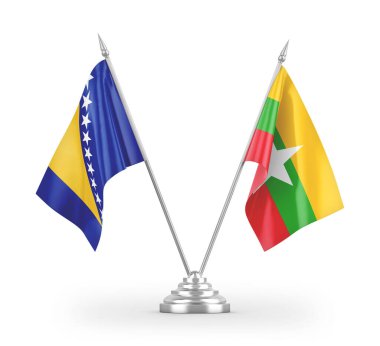 Myanmar ve Bosna-Hersek bayrakları beyaz zemin üzerinde izole edilmiş 3D görüntüleme