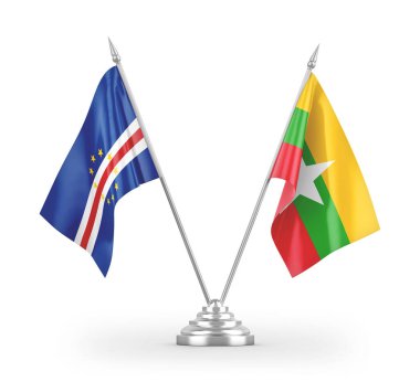 Myanmar ve Cabo Burnu masa bayrakları beyaz arkaplanda izole edilmiş 3D görüntüleme 