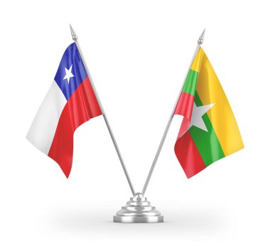 Beyaz arkaplandaki Myanmar ve Şili masa bayrakları 3 boyutlu görüntüleme