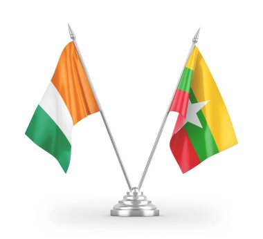 Myanmar ve Cote d 'Fildişi Sahil Masası bayrakları beyaz arkaplandaki 3 boyutlu görüntüleme 