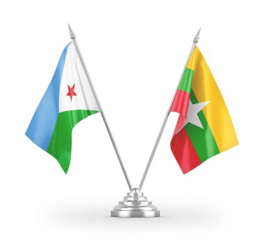 Myanmar ve Cibuti masa bayrakları beyaz arkaplanda 3 boyutlu görüntüleme