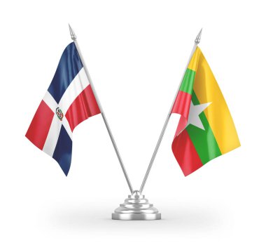 Myanmar ve Dominik Cumhuriyeti bayrakları beyaz arkaplanda 3 boyutlu görüntüleme