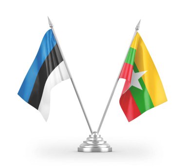 Myanmar ve Estonya masa bayrakları beyaz arkaplanda 3 boyutlu görüntüleme