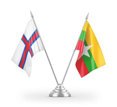Myanmar ve Faroe Adaları masa bayrakları beyaz arkaplanda izole edilmiş 3D görüntüleme