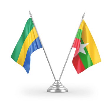 Myanmar ve Gabon masa bayrakları beyaz arkaplanda 3 boyutlu görüntüleme