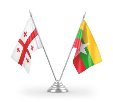 Myanmar ve Gürcistan masa bayrakları beyaz arkaplanda 3 boyutlu görüntüleme
