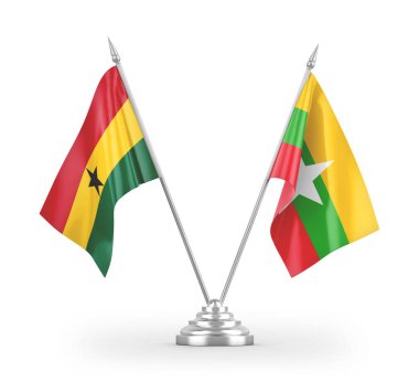 Myanmar ve Gana masa bayrakları beyaz arkaplanda 3 boyutlu görüntüleme